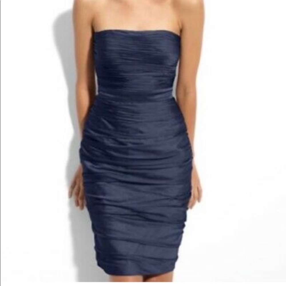 Monique Lhuillier Blue Strapless Ruched Dress